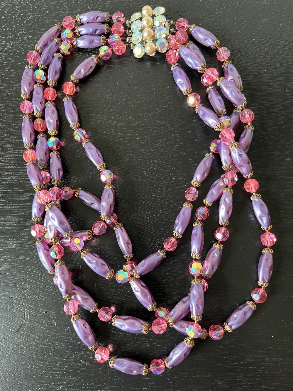 Vintage 50's West Germany purple 4-strand necklace Box Clasp pink rhinestones